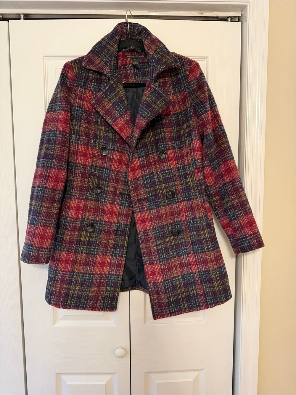 Preston & York Red Multi Plaid Double-Breasted Pea Coat